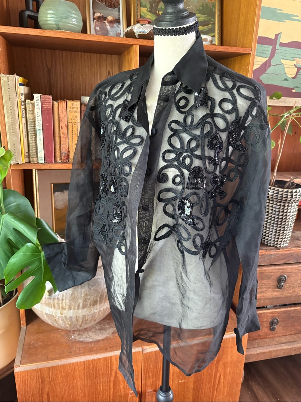 Whimsigoth VTG Black Sheer Soutache Ribbon Beaded Heart Blouse L